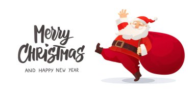 Mutlu noel kartları. Komik Noel Baba çizgi filmi. Hediyeli kırmızı çanta. Kış tatilleri beyaz tenli sevimli retro karakter. Kırmızı Noel Baba şapkası. Noel ve Yeni Yıl posterleri, hediye etiketleri ve afişler için