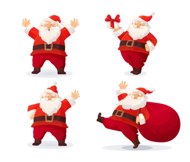 Noel Baba 'nın karikatür çizimleri beyaza izole edilmiş. Hediyeli mutlu Noel Baba, hediyeli çanta, el sallama ve selamlama. Komik, sevimli retro karakter. Yeni yıl kartları, afişler, posterler için