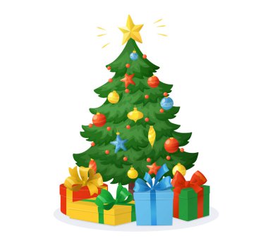 Beyaz arka planda izole edilmiş hediyeleri olan çizgi film Noel ağacı. Yıldızlı, toplu ve çelenkli süslemeler. Yay ve vektör illüstrasyonlu tatil kutuları. Yılbaşı kartları, afişler, posterler için.