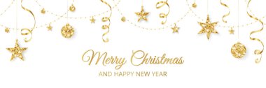 Altın parıltılı süslemeli Noel afişi. Tatil sınırı, beyaz çerçeveli. Şenlikli vektör arka planı. Yıldızlı, boncuklu ve flamalı çelenkler.
