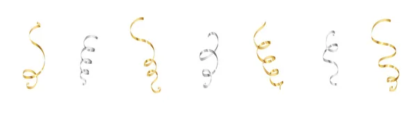 Złote Srebrne Wstążki Konfetti Odizolowane Biało Ilustracja Wektora Serpentyny Świętowania — Wektor stockowy