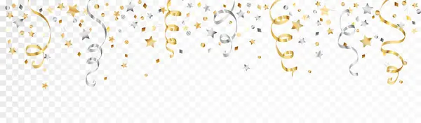 白で隔離されたリボンで祝う背景 ホリデー ボーダーに落ちる 金と銀の装飾 クリスマス 新年のバナー 誕生日や結婚式の招待状 パーティーのチラシ — ストックベクタ