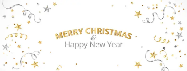 圣诞横幅与装饰 下降的Confetti 节日的边界 庆祝金银相框 新年和寒假的横幅 派对传单 矢量说明 — 图库矢量图片