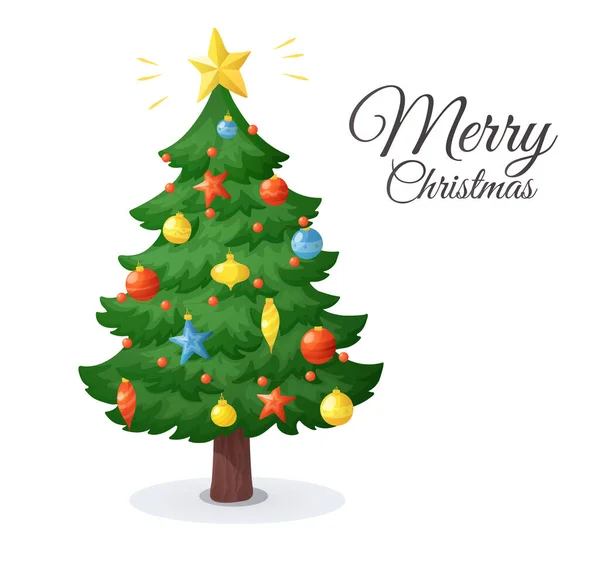 メリークリスマスカード 白い背景に隔離された漫画のクリスマスツリー 冬の休日は星 球およびガーランド ベクターのイラストが付いている装飾 新年カード バナー ポスター — ストックベクタ