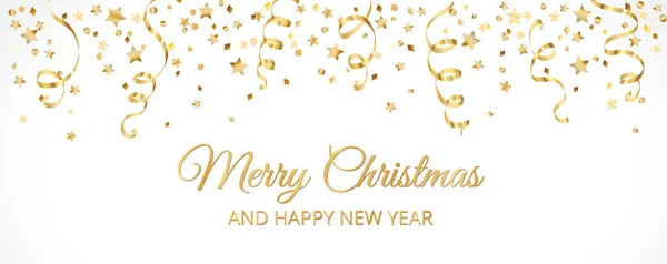 Kerstspandoek Met Decoratie Vallende Confetti Feestelijke Grens Viering Gouden Frame — Stockvector