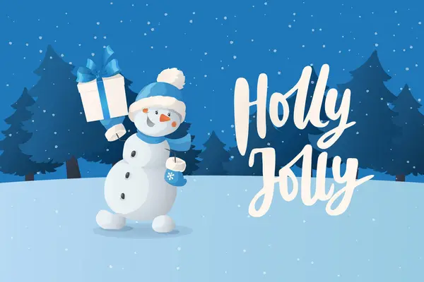 Boldog Karácsonyt Vicces Rajzfilm Hóember Kezében Egy Ajándékot Holly Vidám — Stock Vector