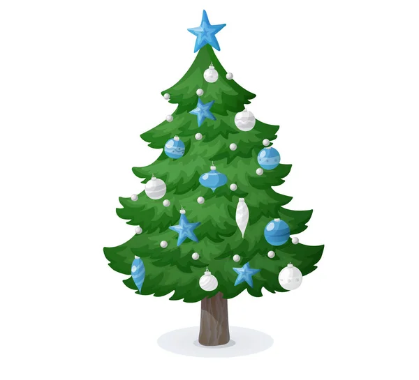 Cartoon Weihnachtsbaum Isoliert Auf Weiß Weihnachtsschmuck Mit Blauen Und Weißen — Stockvektor