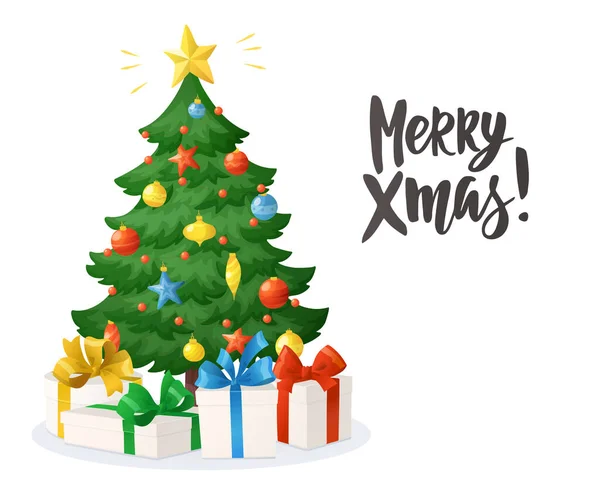 手書きのテキスト付きのクリスマスカード 白で孤立したプレゼントを持つ漫画のクリスマスツリー ホリデーギフトボックス 星との装飾 ベクトルイラスト 新年のバナー ポスター — ストックベクタ