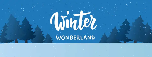 夜に森と雪が降る冬の風景 雪の中の漫画クリスマスツリー ホリデーシーズンの背景 ベクトルイラスト ウィンターワンダーランドのテキスト付きバナー — ストックベクタ