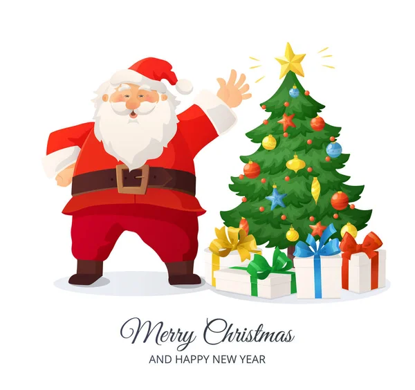 Feliz Cartão Natal Desenhos Animados Ilustração Vetorial Papai Noel Árvore — Vetor de Stock
