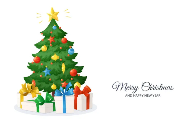Feliz Cartão Natal Árvore Natal Dos Desenhos Animados Com Presentes —  Vetores de Stock