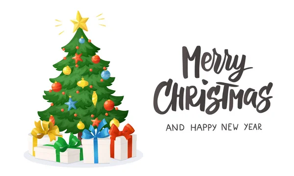 Feliz Cartão Natal Texto Escrito Mão Árvore Natal Dos Desenhos — Vetor de Stock