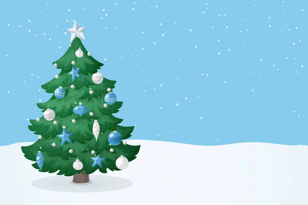 Kerstvakantie Achtergrond Cartoon Kerstboom Een Sneeuw Winterlandschap Met Sneeuw Blauwe — Stockvector