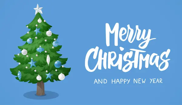 Feliz Cartão Natal Árvore Natal Dos Desenhos Animados Fundo Azul —  Vetores de Stock