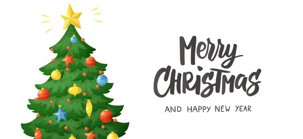 メリークリスマスカード 白い背景に隔離された漫画のクリスマスツリー 冬の休日は星 球およびガーランド ベクターのイラストが付いている装飾 新年のバナー ポスター ヘッダー — ストックベクタ