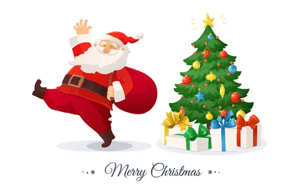 Veselé Vánoce Cartoon Vektor Ilustrace Santa Claus Taškou Zdobený Vánoční — Stockový vektor