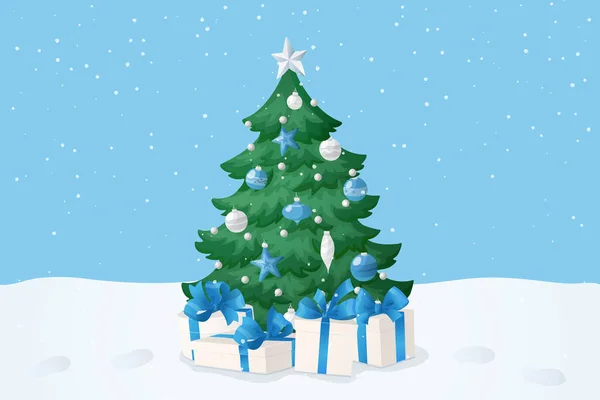 Kerstkaart Vakantie Achtergrond Versierde Kerstboom Met Cadeautjes Een Sneeuw Cadeaudoosjes — Stockvector
