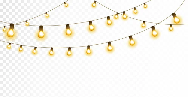 Ampul Çelengi Izole Vektör Dekorasyonu Altın Noel Işıkları Dizisi Aydınlatılmış — Stok Vektör