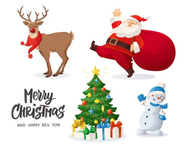Ilustração Vetorial Papai Noel Boneco Neve Renas Árvore Natal Decorada — Vetor de Stock