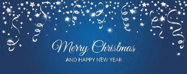 装飾のクリスマスバナー 落ちるセッティ リボン 星との青い背景 お祝いボーダー シルバーフレーム 新しい年と冬の休日のヘッダーのために パーティーのチラシ ベクトルイラスト — ストックベクタ