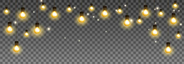 Glänsande Glödlampa Isolerad Vektor Dekoration Sträng Gyllene Julbelysning Belyst Semestergräns — Stock vektor