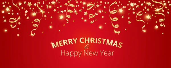 Banner Natal Com Decoração Fundo Vermelho Com Confetes Fitas Estrelas — Vetor de Stock