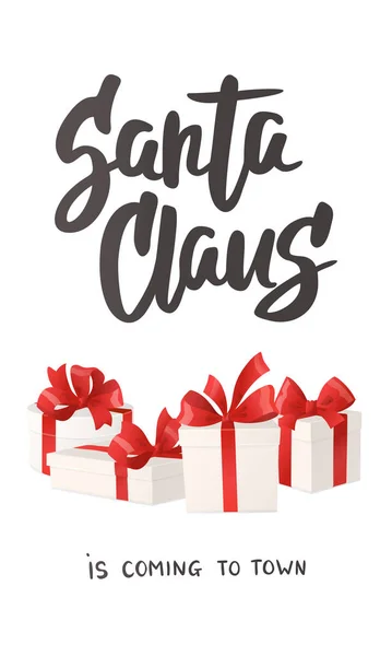 クリスマスバナーと休日プレゼント サンタクロースがテキストを送ってくる 白で隔離された赤い弓の漫画のギフト用の箱 ベクトルイラスト 新年のギフトタグ カード ショッピングセールプロモーションのため ストックベクター
