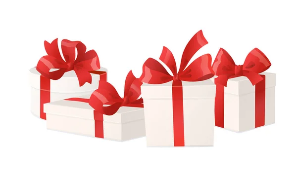 Мультяшні Подарункові Коробки Червоними Луками Ізольовані Білому Тлі Святкові Подарунки Векторна Графіка