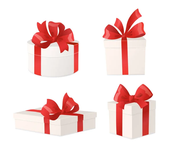 Cartoon Geschenkboxen Mit Roten Schleifen Isoliert Auf Weißem Hintergrund Weihnachtsgeschenke lizenzfreie Stockvektoren