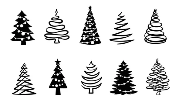 Christmas Tree Black White Symbols Fir Tree Line Drawing Vector — Stock Vector