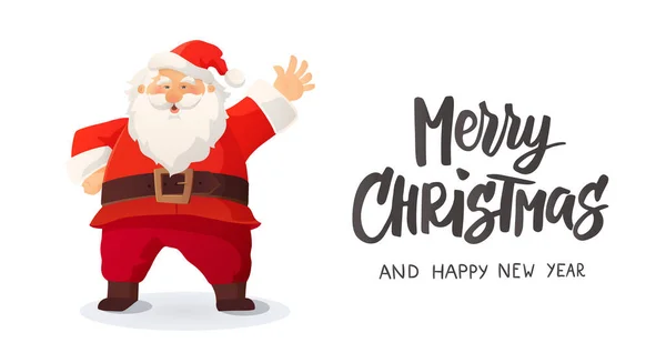 Boldog Karácsonyt Vicces Rajzfilm Mikulás Mosolygott Integetett Téli Ünnepek Aranyos Stock Illusztrációk