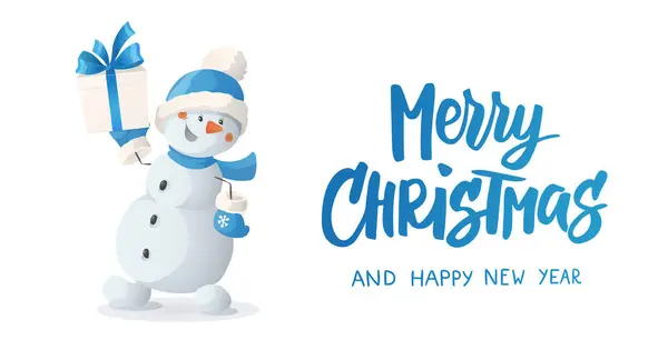 プレゼントを持っている漫画の雪だるま メリークリスマステキスト 冬の休日は白い背景で孤立した文字です 面白いかわいいレトロスタイルのベクターイラスト クリスマスと新年のカードのデザインのため ロイヤリティフリーストックベクター