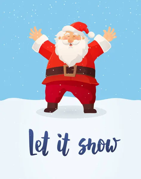 Veselé Vánoce Nech Sněhu Legrační Kreslený Santa Claus Usmívá Mává Stock Vektory