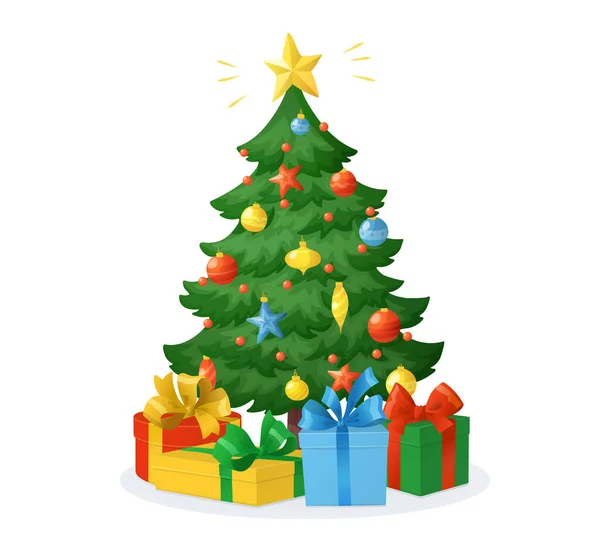 白い背景に隔離されたプレゼントを持つ漫画のクリスマスツリー ボール ガーランドの装飾 ベクターイラスト付きの休日のギフトボックス 新年カード バナー ポスター — ストックベクタ