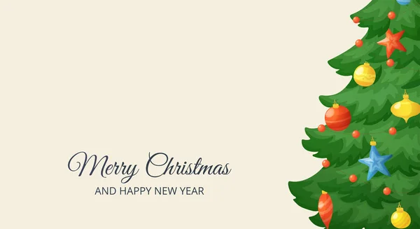 メリークリスマスバナー カートゥーンクリスマスツリーは レトロバックの背景に枝 冬の休日は星 球およびガーランド ベクターのイラストが付いている装飾 新年のカード ポスター ヘッダー ストックベクター