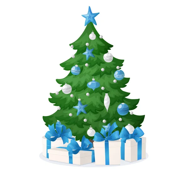 白で孤立したプレゼントを持つ漫画のクリスマスツリー 青と白の星 ボールとガーランドの装飾 ベクターイラスト付きの休日のギフトボックス 新年カード バナー ロイヤリティフリーのストックイラスト