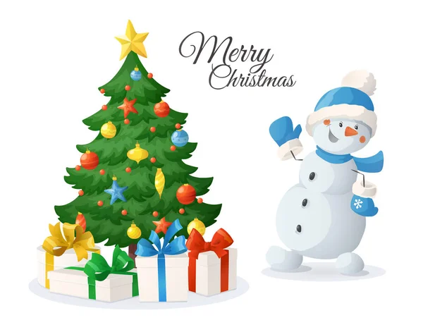 Γελοιογραφία Διανυσματική Απεικόνιση Του Χιονάνθρωπου Διακοσμημένο Χριστουγεννιάτικο Δέντρο Δώρα Χειμερινές Διάνυσμα Αρχείου