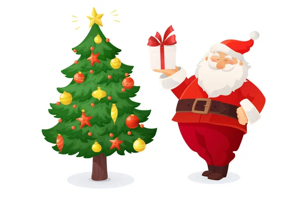 プレゼント付きのサンタクロースの漫画ベクターイラスト 金と赤の装飾が施されたクリスマスツリー 冬の休日は白で隔離された要素を設計します 面白いレトロキャラクターのバナー ロイヤリティフリーのストックイラスト