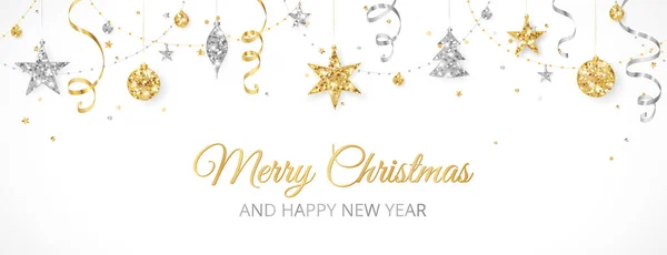 황금색과 반짝이 크리스마스 흰색에 프레임 배경입니다 스트리머가있는 갈랜드 스톡 일러스트레이션