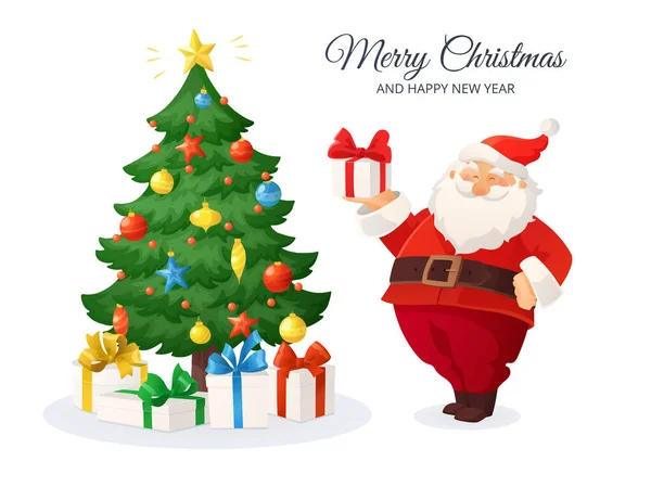 圣诞快乐卡 用礼物描绘圣诞老人的卡通矢量图 装饰过的圣诞树寒假设计元素隔离在白色上 带有滑稽复古特征的横幅 矢量图形
