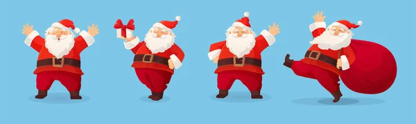 一套圣诞老人的卡通人物插图 带着礼物的快乐圣诞老人 带着礼物的袋子 挥手致意 有趣又可爱的复古角色 新年贺卡 图库矢量图片