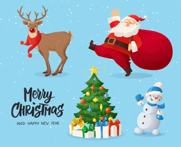 サンタクロース スノーマン トナカイ 飾られたクリスマスツリーのベクトルイラスト 冬休みのアニメキャラクター 面白くてかわいいレトロなデザイン 新年カード バナー ストックイラスト