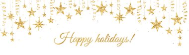 Altın madalyalı tatil afişi. Noel parıltısı sınırı. Kutlama vektör arkaplanı beyaza izole edildi. Yıldızlı çelenk. Noel ve Yeni Yıl afişleri, başlıklar, kartlar için.