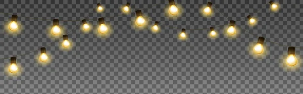 Glänsande Glödlampa Isolerad Vektor Dekoration Sträng Gyllene Julbelysning Belyst Semestergräns — Stock vektor