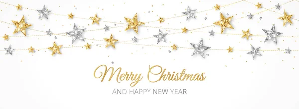 Banner Férias Com Decoração Estrelas Ouro Prata Moldura Brilho Natal —  Vetores de Stock