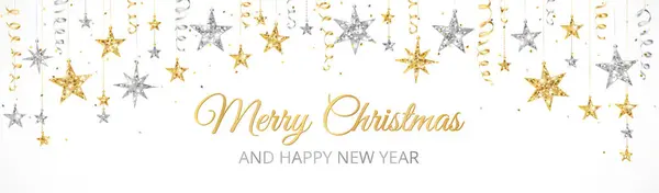 节日横幅上有金银财宝装饰 圣诞灿烂的边界 被白色隔离的节日病媒背景 带着星星的花园圣诞节和新年的横幅 — 图库矢量图片