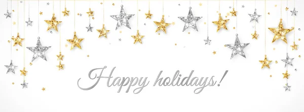 Holiday Banner Gold Silver Decoration Christmas Glitter Border Festive Vector — Stock Vector