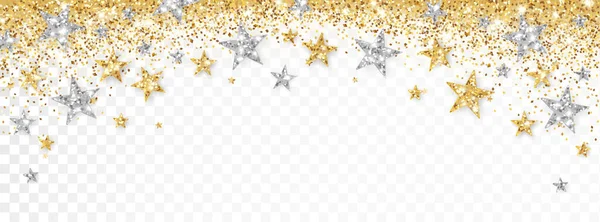 ホリデーゴールドとシルバーの装飾 白で隔離された光沢のあるフレーム 輝く塵と星が落ちることで国境を祝う クリスマスと新年のバナー ヘッダー パーティーポスター 誕生日カード — ストックベクタ