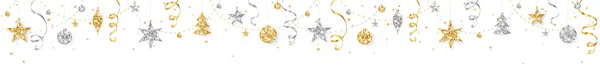 シームレスな休日の装飾 クリスマスのグリッターボーダー 白で隔離されたベクターの背景を示します 金および銀の装飾 星が付いているガーランド クリスマス 新年の旗 ヘッダー 党のポスターのため — ストックベクタ