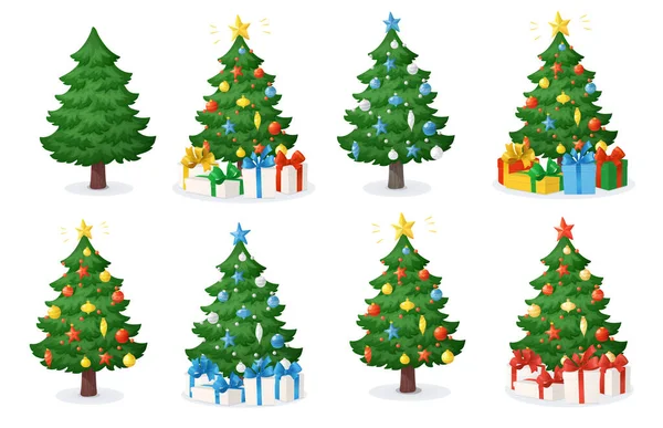 Set Von Cartoon Weihnachtsbäumen Mit Geschenken Isoliert Auf Weißem Hintergrund — Stockvektor